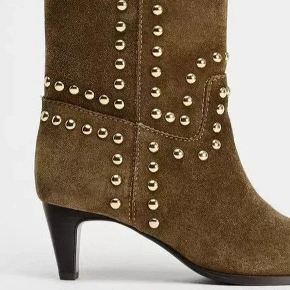 🤎 Hello Kitten! Studded PU Suede Pointed Toe Kitten Heels Boots - Brown - Picture 4 of 8